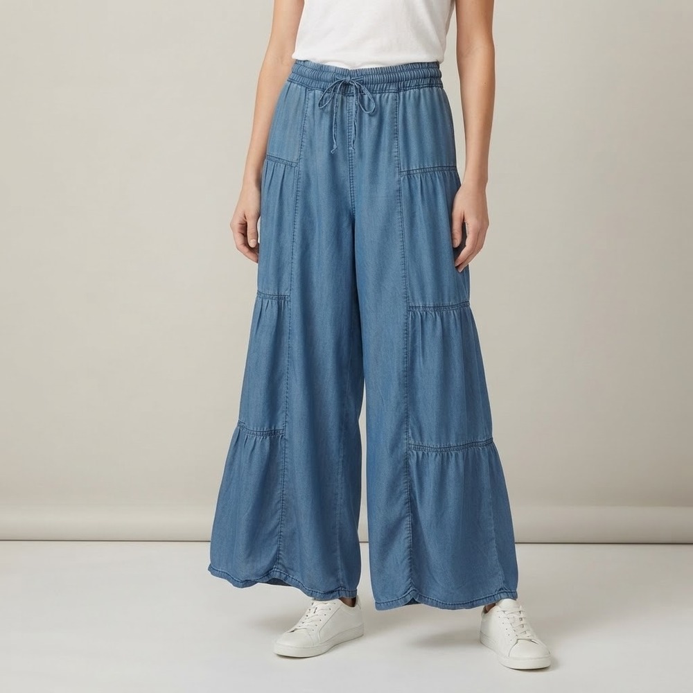 Dylan Ryan NYC Womens Large Blue Tencel Denim Tiered Palazzo Pants Drawstring